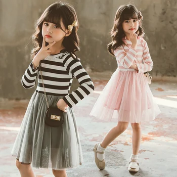 

Kids Dresses for Girls Dress Cute Stripes Mesh Stitching Bottoming Temperament Long Sleeve Dress 4-12 Yrs Patchwork Korean Dress