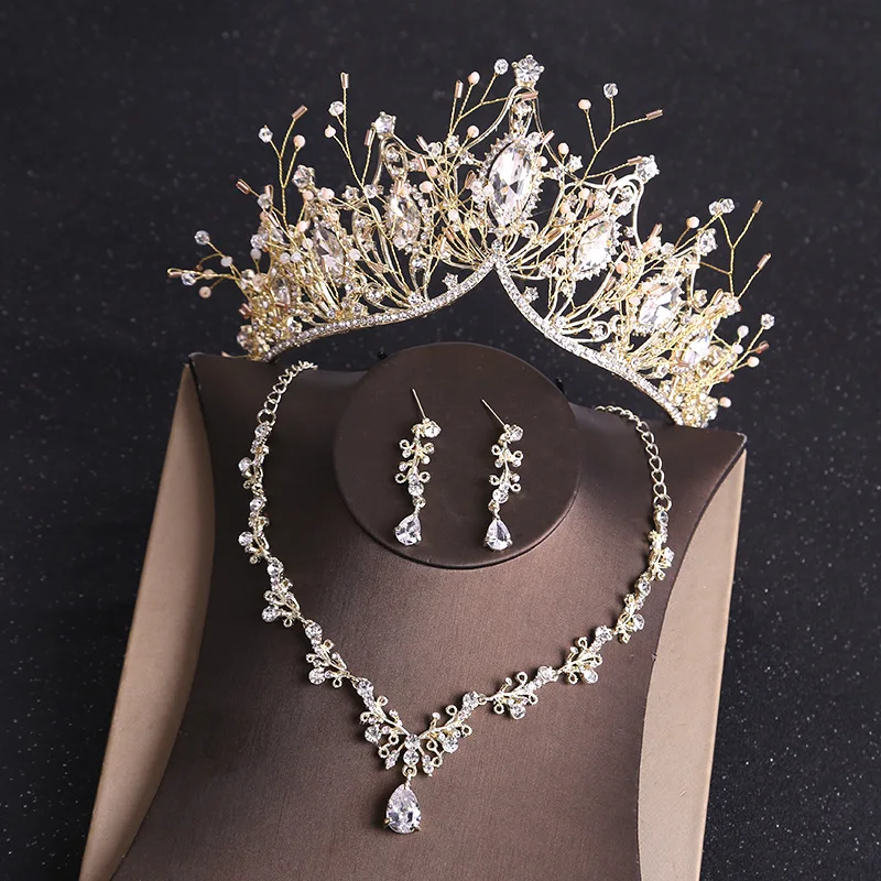 KMVEXOCostumeBridalJewelrySetsRhinestoneCrystalGoldColorTiara