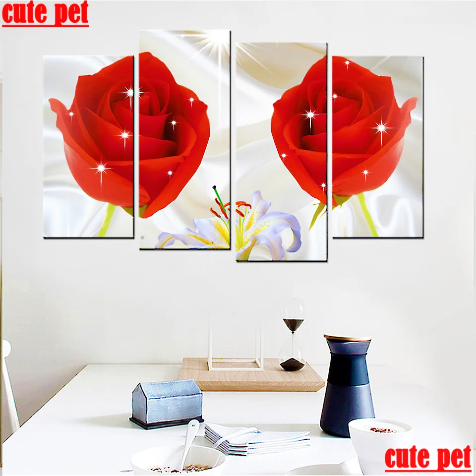 

4PCS 5D Diamond Red rose Paintingfull Round square Diamond Painting Mosaic DIY Cross Stitch Kit Diamonds Embroidery Home Decor