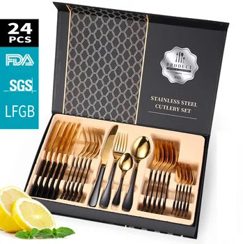 

24PCS Black Gold Tableware Set Fork Spoon Knife 18/10 Stainless Steel Cutlery Set Dinner Dinnerware Set Holiday Wood Gift Box