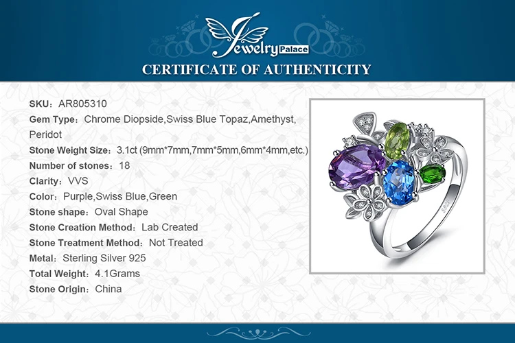 JewelryPalac 2.6ct натуральный аметист диопсид Перидот Топаз Кольцо 925 пробы серебряные кольца для женщин серебро 925 драгоценные камни ювелирные изделия