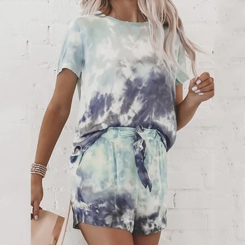 

Women Casual Loose Tie Dye Colorful Clothing Sets Lady Short Sleeve Pullover Crew Neck Top + High Waist Drawstring Shorts