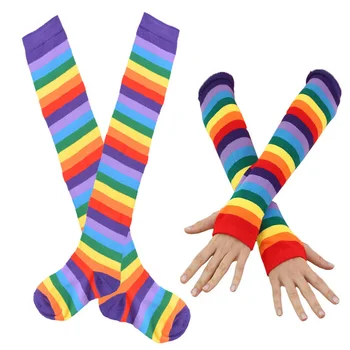 

Women Stockings Set Rainbow Cosplay Anti Slip Elastic Soft Cotton Blend Striped Casual Long Gloves Slim Party Fashion Over Knee