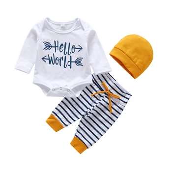 

New Newborn Baby Boy Clothes Letter Romper + Striped Pants +Hat 3pcs suit baby boy clothing sets infant Kids clothing Outfits