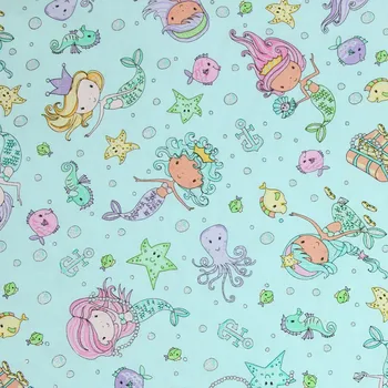 

half yard plain cotton fabric with cartoon girl fish ocean print handmade DIY garment dress children cloth 100% cotton CR-244