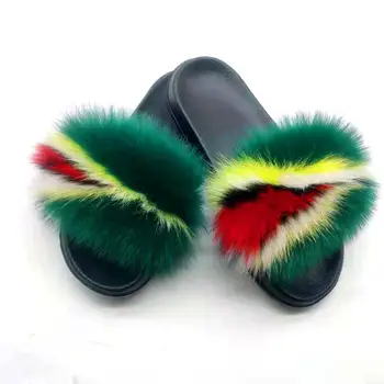

New Women's Real Fox Fur Slippers Home Furry Shoes Fluffy Plush Sandals Soft And Comfortable EVA Sexy Flip Flops Size 36-45