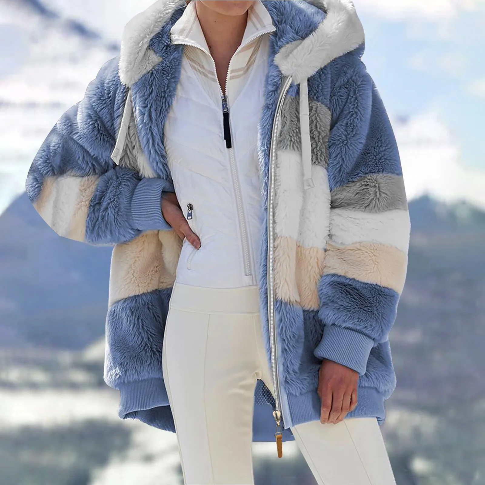 Winter Women Coat Loose Plush Warm Hooded Jacket Casual Multicolor Splicing Zipper Long Sleeve Ladies Coats Plus Size #01 1