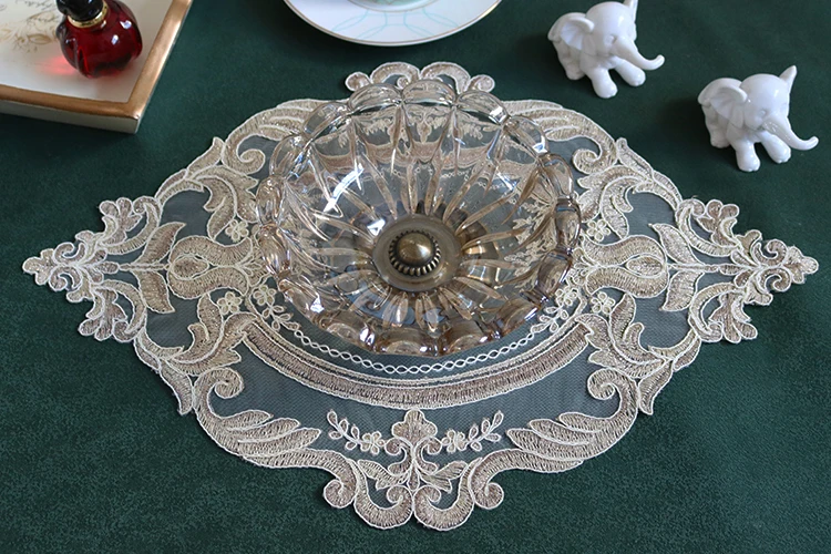 H37391e5718614e3292819dcdbb7e37fb0 Oval 28x42cm European Luxury Lace Embroidered Restaurant Velvet Placemat Small Balcony Coffee Cup Table Mat Vase Pad Coaster Mallzona