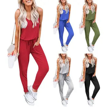 

Fashion Summer Casual Women Playsuit Bodysuit Sleeveless Tank Jumpsuit Drawstring Long Trousers Romper Solid color jumpsuit