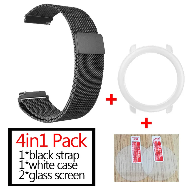black-white 3в1 Для xiaomi Huami Amazfit pace ремешок для часов металлический Миланский ремешок+ защитный чехол для наручного ремня+ Защитное стекло для экрана - Цвет: black-white