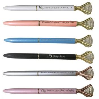 

10pc Personalized Wedding Favor Metal Big Diamond Crystal Pen Engraved Kawaii Crystal Ballpoint Pen Promotional Gift no bags
