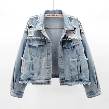 

2020 Spring Autumn Beading Holes Denim Jacket Women Outerwear Korean Vintage Washed Jeans Jacket Female Short Frayed Denim Coat