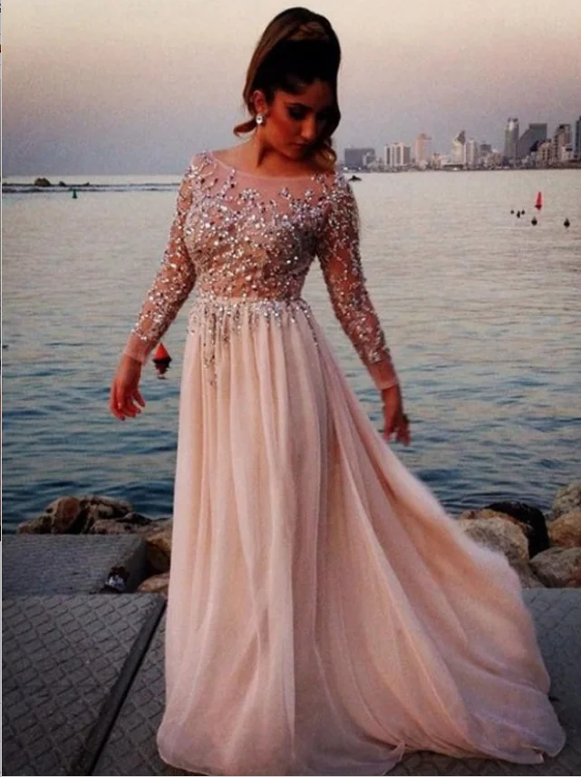 Вечернее платье из шифона, шикарная колонка с вырезом лодочкой одежда с длинным рукавом развертки поезд с блестящим бисером торжественное платье для выпускного вечера вечерние платья