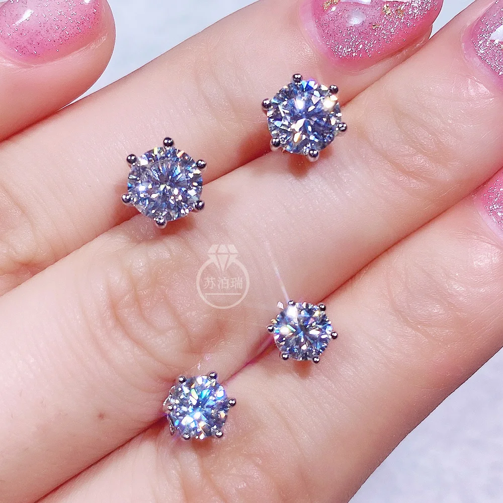 

Real Moissanite Earring For Women Color D VVS Simple 6 Prong Round Studs Earrings 0.5ct 1.0ct 18K White Gold Plated S925 Silver