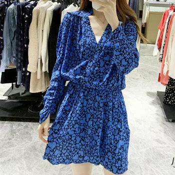 

Women Dress Early Spring V-Neck Print Slim Waist Long Sleeve Dress
