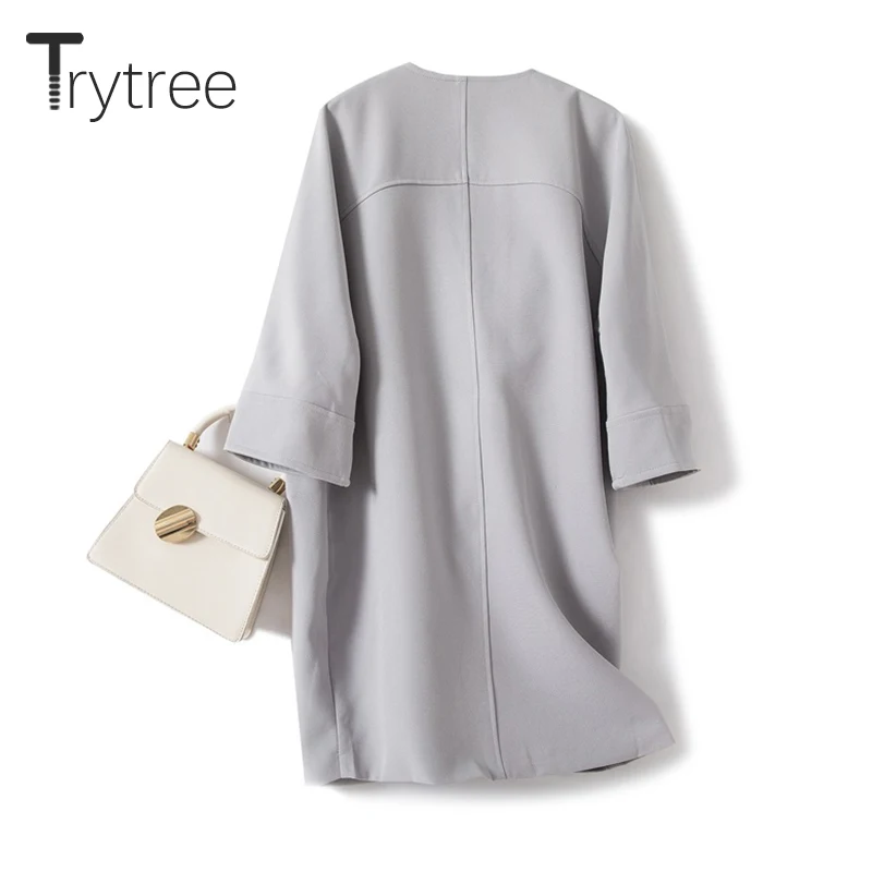 Trytree/осенне-зимнее женское повседневное пальто с круглым вырезом и открытой строчкой, три четверти, свободные тренчи с широкой талией, офисные Женские однотонные длинные пальто