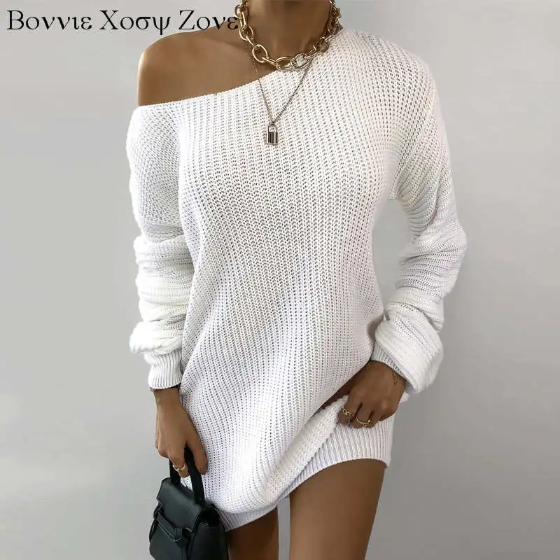 

Women Long Sleeve Autumn Hollow Out Solid One Shoulder Lantern Sleeve Knitted Dress