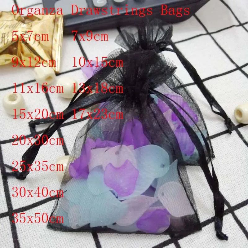 100 шт./лот 7x9 9x12 10x15 15x20 см сумки из органзы на шнурке черные мешочки для ювелирных