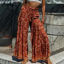 Simplee Boho с принтом, длинные женские летние штаны, высокая талия, пояс, широкие брюки, брюки Капри, красные цветочные, для отдыха, пляжные женские штаны