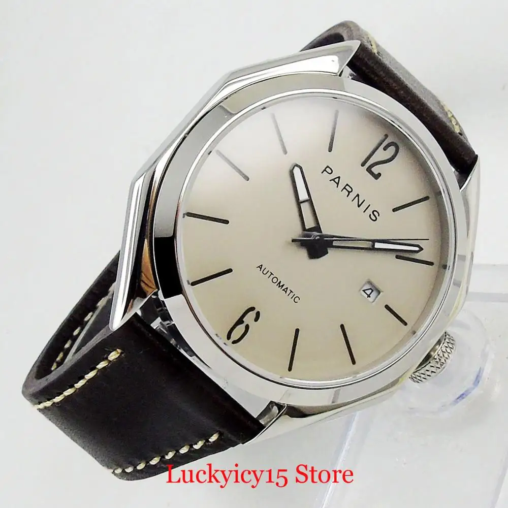 PARNIS Dress 3 Models New Arrival Sapphire 43mm Polished Automatic Men Wristwatch Automatic Movement Date Window Leather Strap