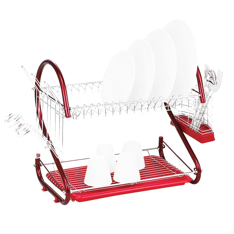 

New iron 2 Tiers Kitchen Dish Cup Drying Rack Drainer (Color: Red)