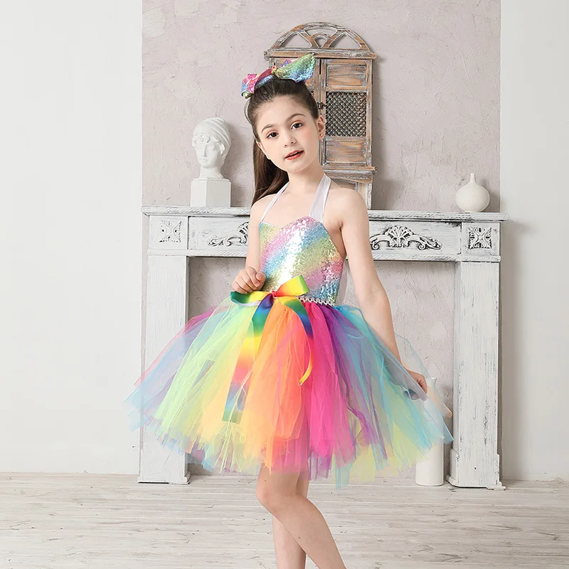 Rainbow Sequins Girl Princess Tutu Dress Kids Wedding Birthday Party Pageant Tulle Dresses Vestidos Children Bow Clothing (6)