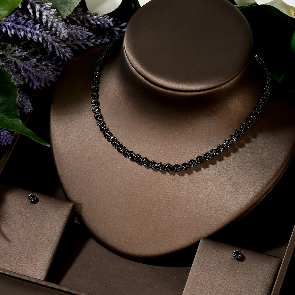 HIBRIDE Trendy Wedding Necklace Earrings For Women Accessories Black Stone Bridal Jewelry Sets pendientes mujer moda N-180