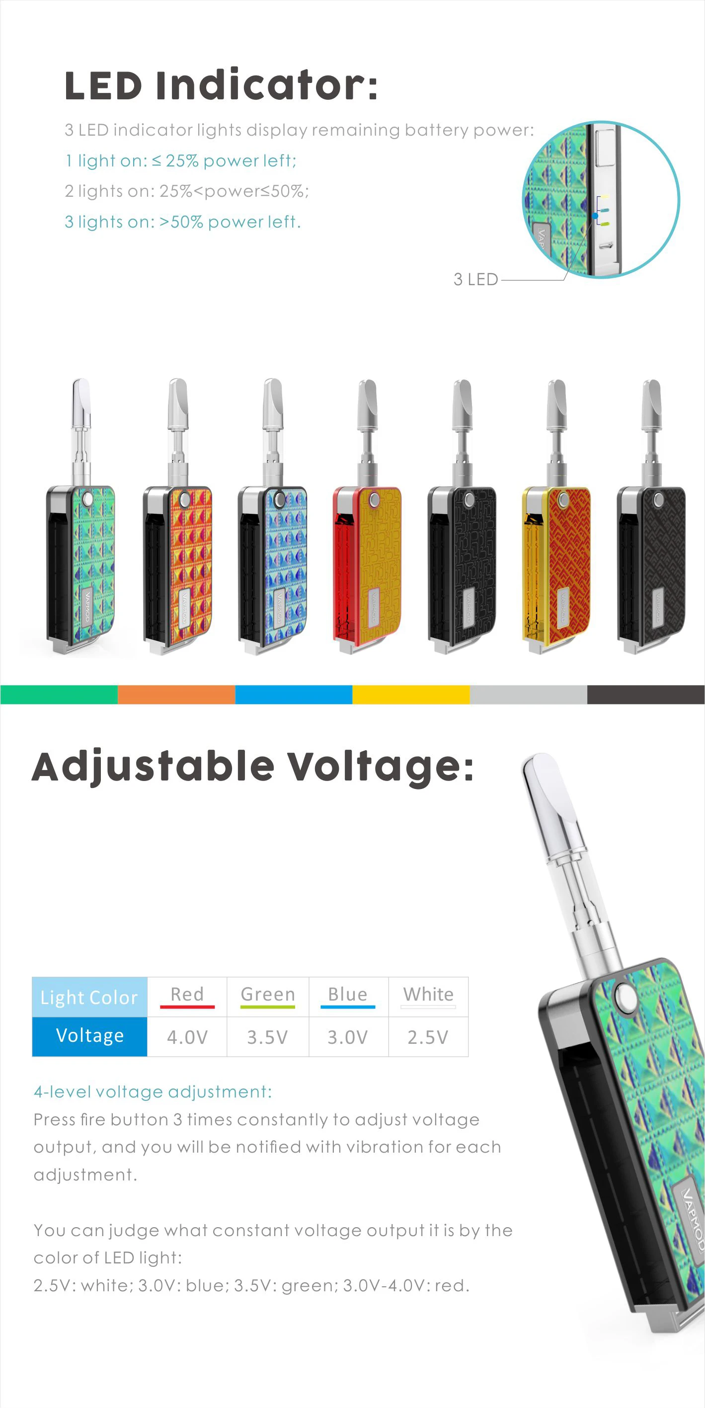 NEW VapMod Rock 710 VV Box Mod 650mAh Battery Vaporizer Vape Variable