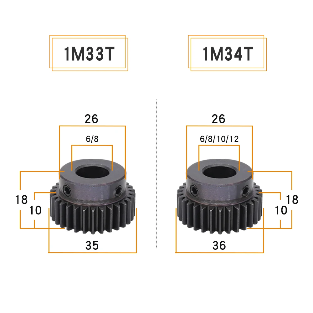 모듈 1 메탈 기어, 1 M-31T, 32T, 33T, 34T, SC45  탄소강 소재, 변속기용 스퍼 기어 보어 크기 6mm, 8mm, 10/12mm