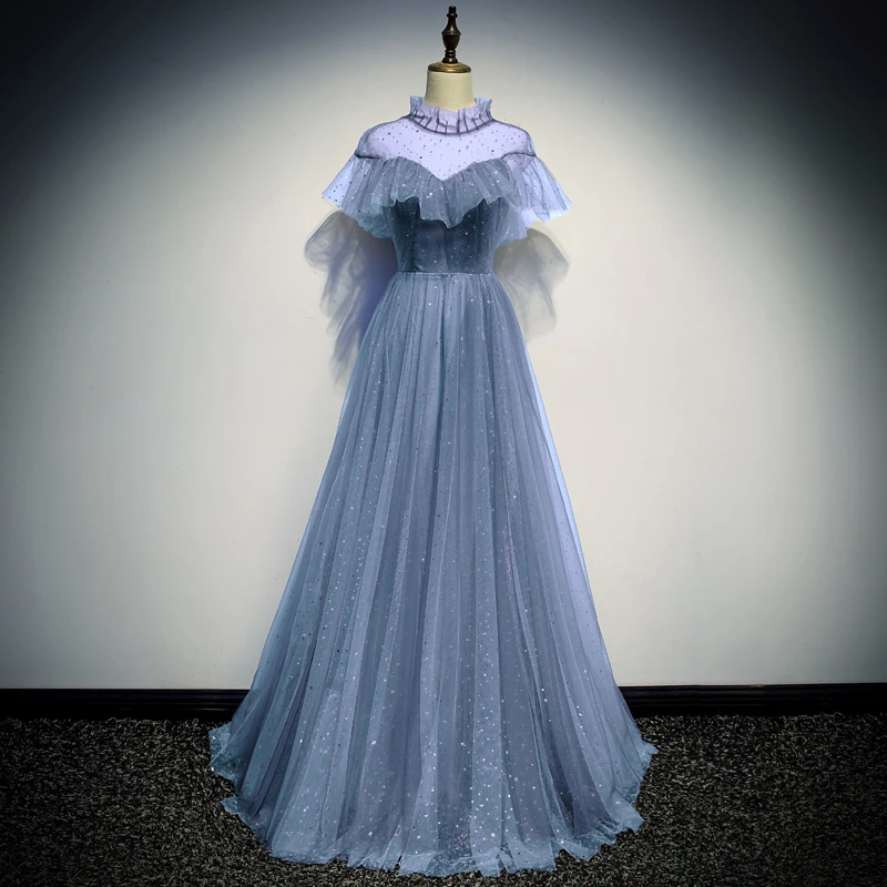 SSYFashion Новое Элегантное серое длинное вечернее платье для банкета романтические торжественные платья для выпускного из тюля с звездным узором на заказ Vestidos De Noche