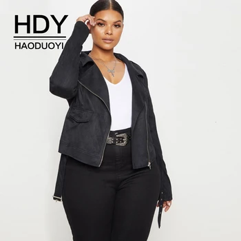 

HDY Haoduoyi 2019 New Fashion Autumn Large Size Solid Color Suede Belt Locomotive Clothing Short Long-sleeved Jacket