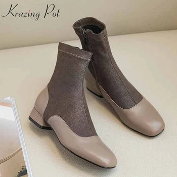 

krazing pot new arrival hot vintage genuine leather round toe thick low heel gladiator patch work stretch flock ankle boots l9f9