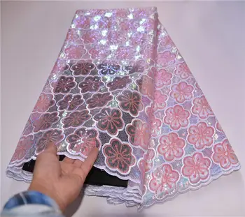 

African organza lace fabric glitters sequence lace high quality peach embroidery french net lace fabrics with sequins PSA968-1
