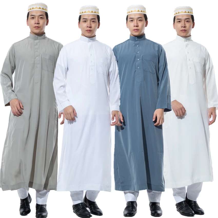 Fashion Men Robes Abaya Kaftan Muslim Dress Arabic Saudi Full Sleeve Gown Islamic Clothing Men Pakistan Jubba Thobe Plus Dubai