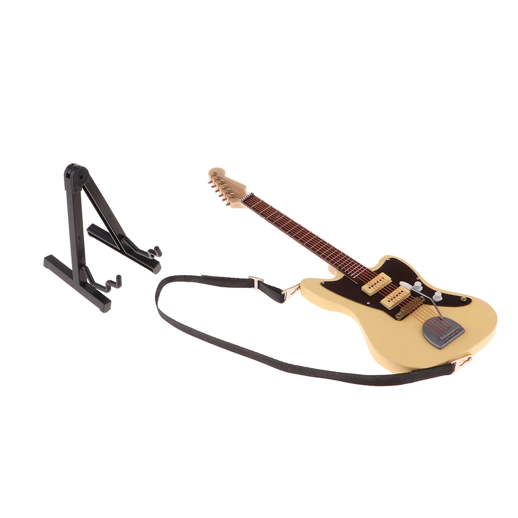1/6 Wooden Mini Guitar Musical Instruments Model W/Stand Decoration Beige