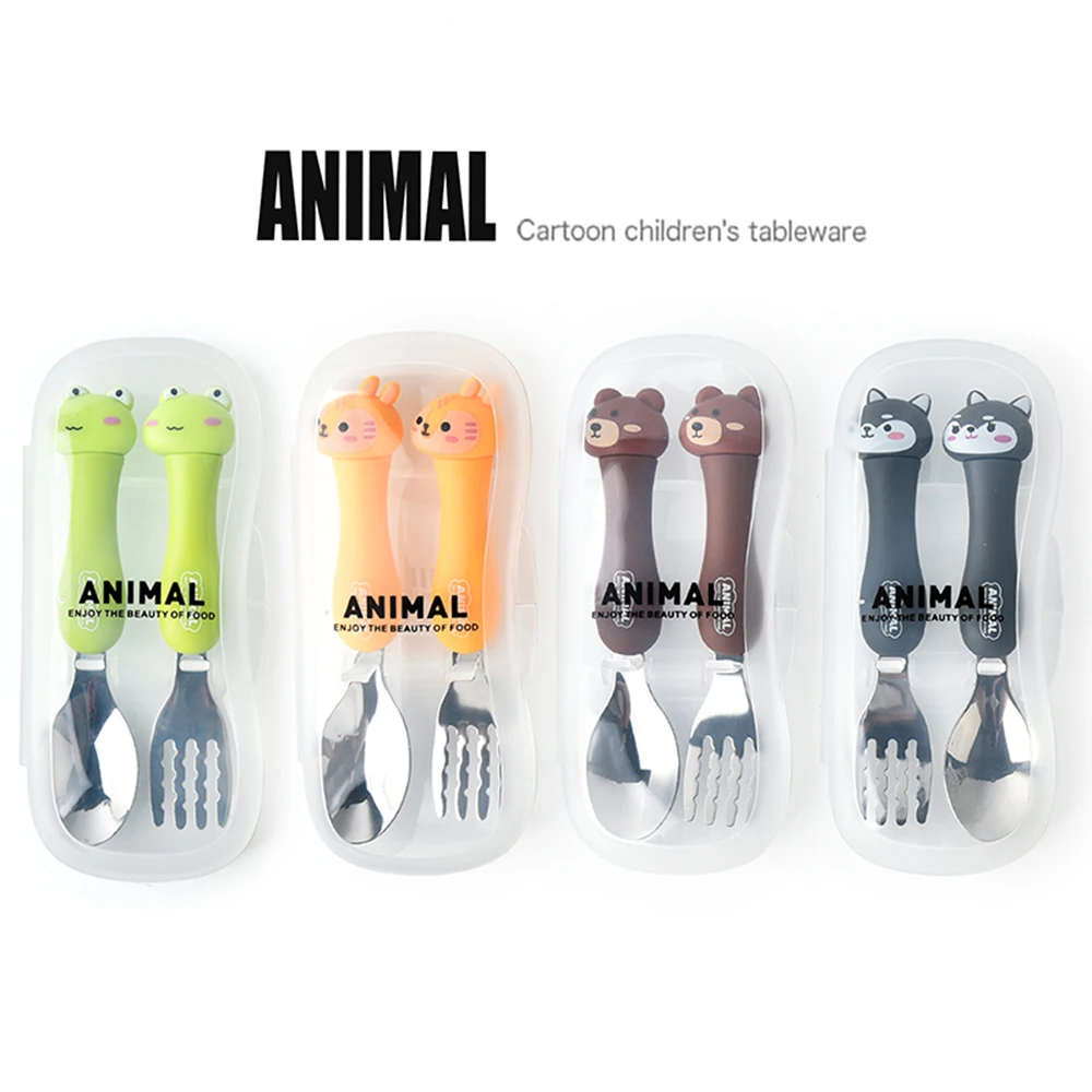 2Pcs Kids Silverware Cute Spoon Fork Travel Carry Set Children Portable Tableware Toddler Utensils Spoon Fork with Travel Case