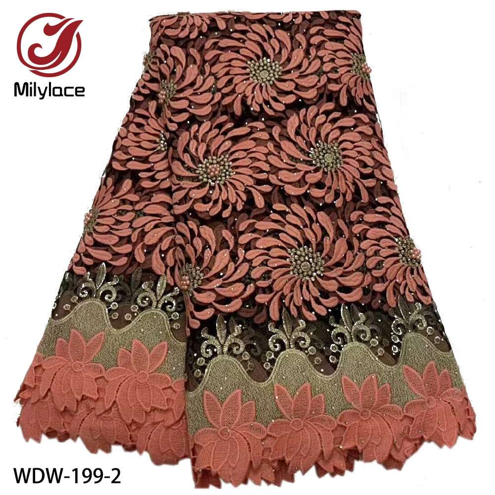 Milylace красного цвета нигерийская Кружевная Ткань 5 ярдов Цветочная вышивка африканская сетчатая кружевная ткань с камнями для вечерних платьев WDW-199