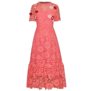

Red RoosaRosee Runway 2020 Women Summer Vintage 3D Flower Applique Short Sleeve Elegant Party Dress Robe Female Party Vestidos