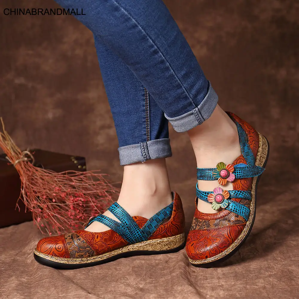 

2020 Summer Hook Loop Genuine Leather Pattern Flat Women Sandals Ankle Strap Casual Zandalias De Verano Mujer Sandals