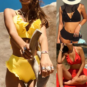 

2019 Hot Sexy Women Padded Push-up Bathing Clothing Ruffles Underwear Low Waist Female Intimates Deep-V Brazillian Lady Lengerie