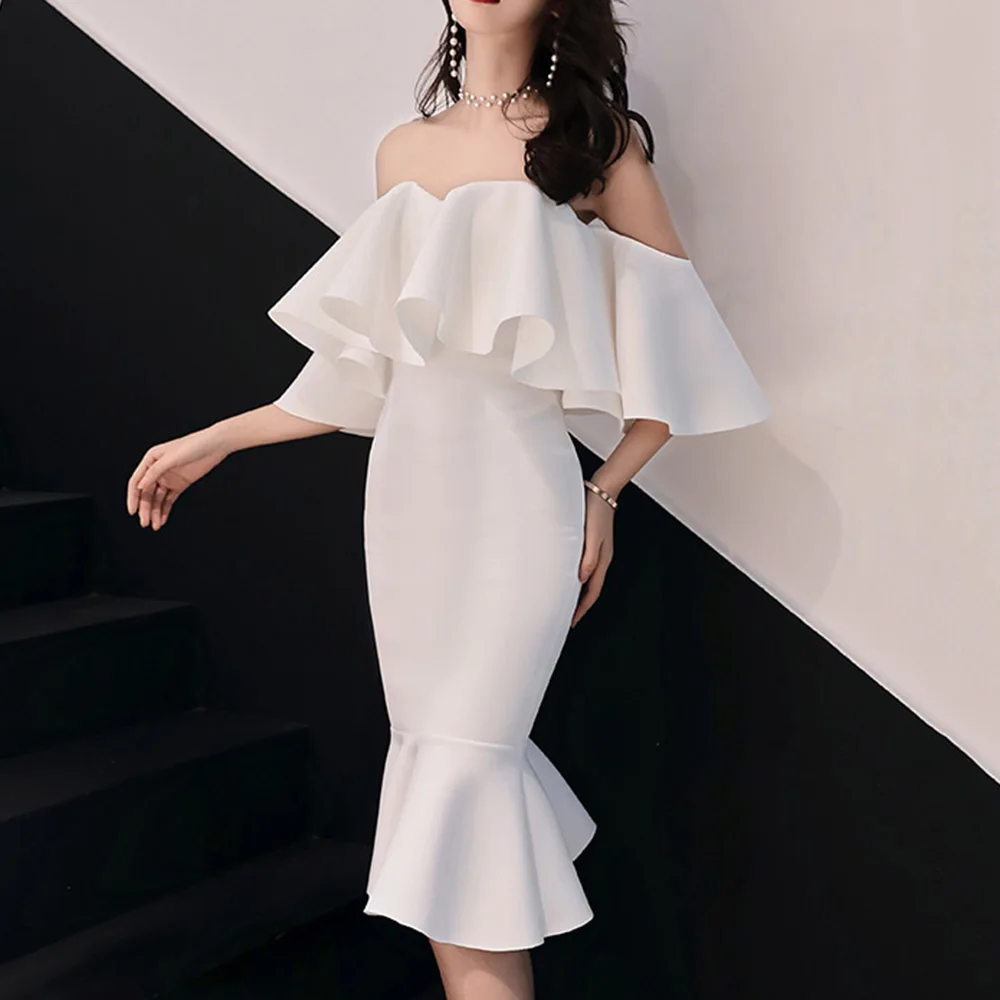 

Sexy Ruffles Off Shoulder Evening Party Dress Elegant Luxury Midi Mermaid Robe Femme White Backless Cocktail Party Vestidos