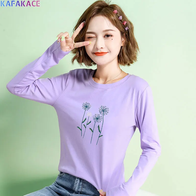

KAFAKACE 2020 Women T-Shirt Floral Print Tops&Tees O-Neck Casual Sweatshirts Show Thin Soft Cotton Red New Pullover Women Tops