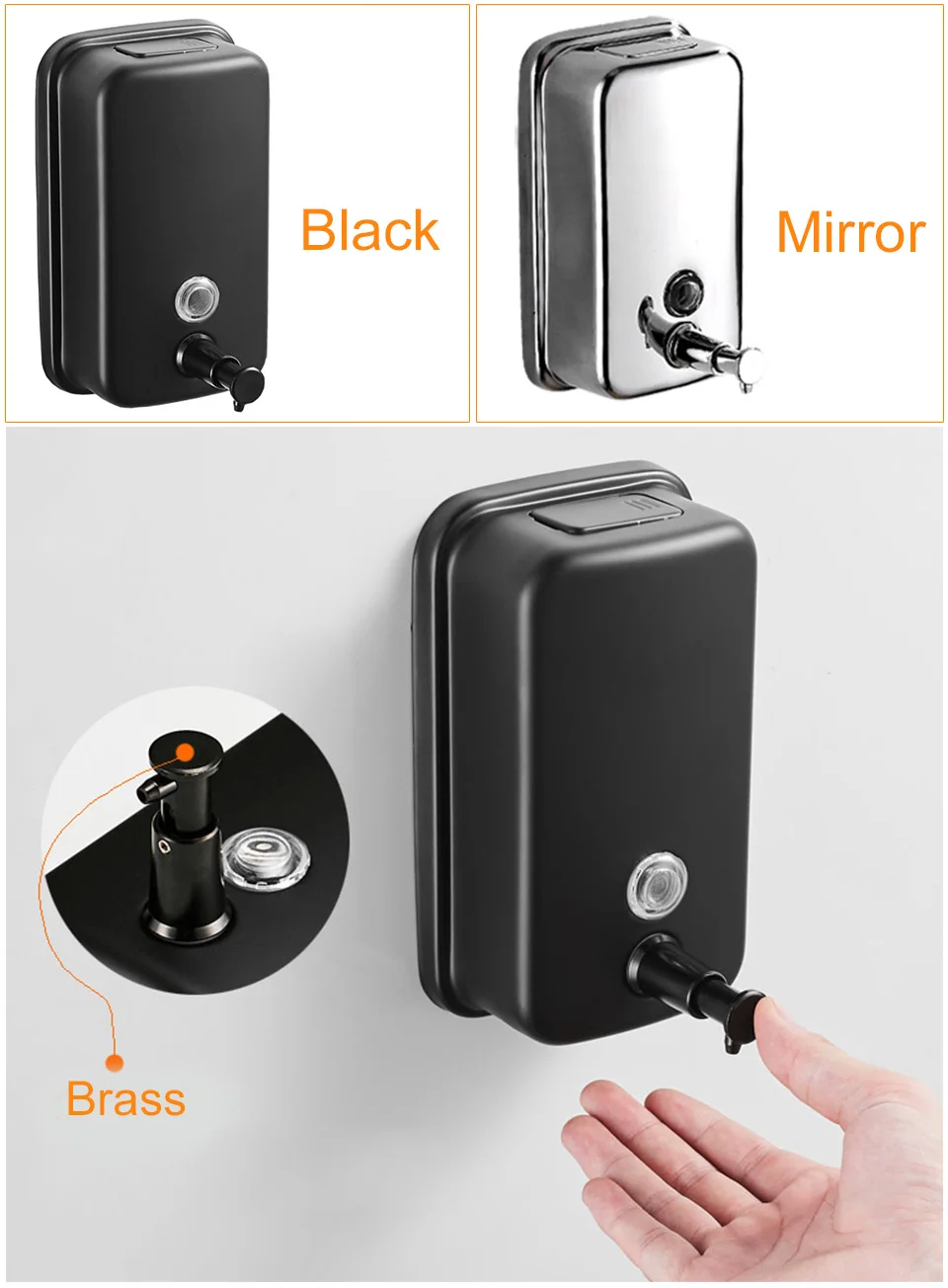 ROVOGO 500/800/1000Ml Black/Mirror Soap Dispenser Wall Mounted, Stainless Steel Bathroom Dispenser for Home Hotel