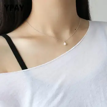 

YPAY 100% Real 925 Sterling Silver Necklace Freshwater Pearl Pendant Necklaces Simple Ladies Jewelry Gift Accessories YMN007