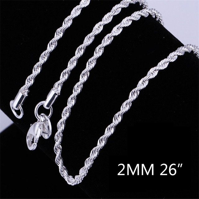 Sale Retail Wholesale Silver Plated Necklace Women Man Necklace 2mm16,18,20,22,24 Inch Twist Rope Chain Jewelry Accesory