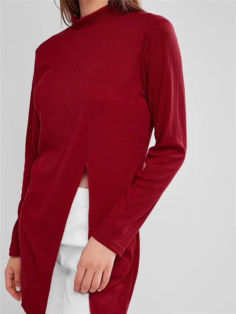 

Woman Knitted Sweater Crew Neck Split Sweater Autumn Casual Solid Color Long Sleeve Knitwaer Split Pullover Sweater For Women