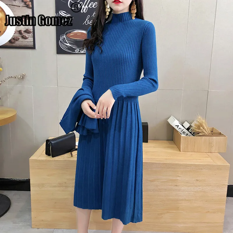 

Turtleneck Short Sweater Vest + Slim OL Dress Two Piece Set Woman Together Pleated Solid Female Set Long Sleeve Office Clothes