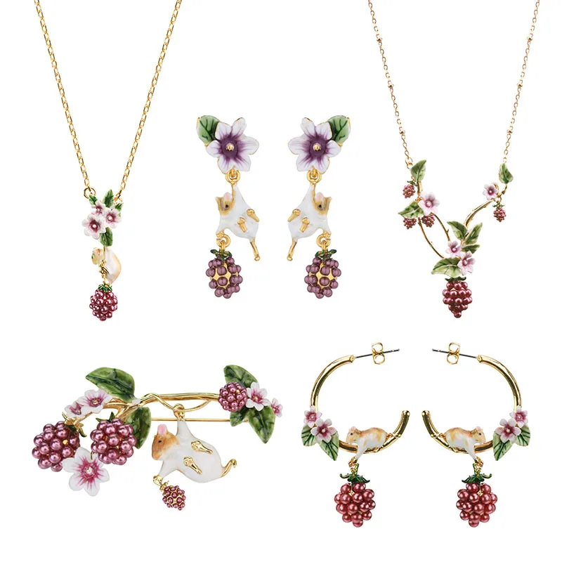 Cute Chipmunk Fruit Flowers Jewelry Sets For Women Simple Elegant Animal Earring Necklace Ring Brooch Accessories | Украшения и