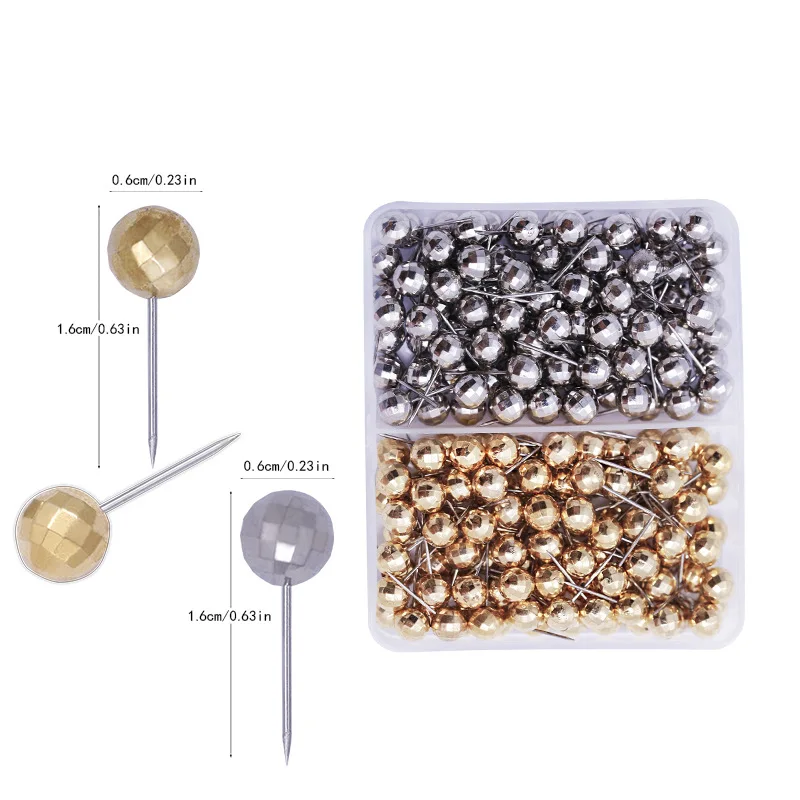 

200PCS Map Tacks Push Pins with Gold Round Head Steel Point for Bulletin Board Fabric Marking Push Pins with Clear Box