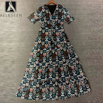 

AELESEEN Runway Fashion Summer Dress 2020 High Quality Designer Heart Print Pink Black Holiday Party Midi Dress Vestidos
